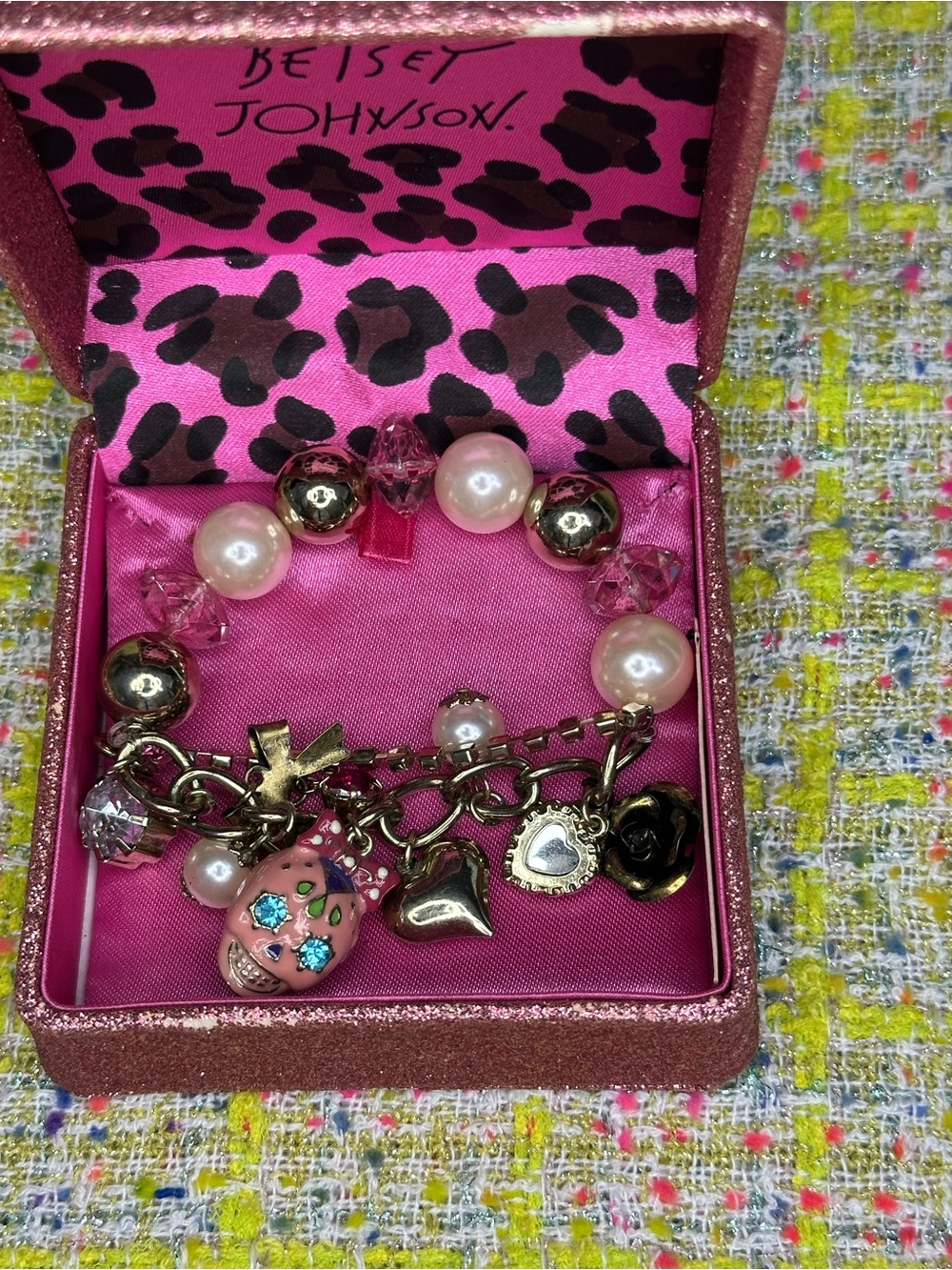 Betsey Johnson Pink Pearl & Charm Bracelet